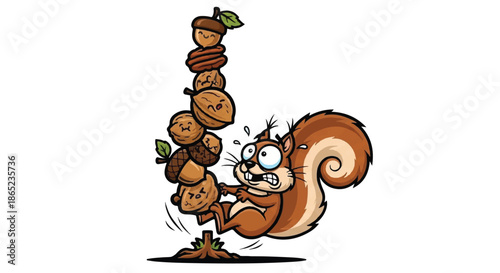 Worried Squirrel Balancing a Huge Stack of Acorns and Nuts, Concept of Food Hoarding and Winter Preparation Illustration