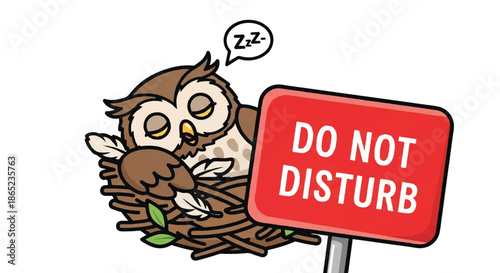 Sleeping Owl in Nest with Large Red Do Not Disturb Sign, Concept of Privacy and Restful Sleep Illustration