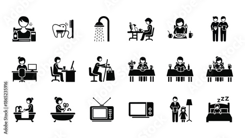 Collection of diverse black and white pictogram icons illustrating various daily life activities chores and routines for personal care work and relaxation purposes