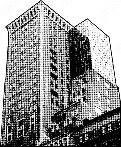 Vintage Skyscraper Architecture Silhouette in High Contrast. the ornate architectural details of a historic high-rise, including tiered setbacks and numerous window rows.