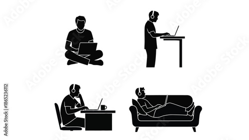 Collection of four black silhouette icons depicting a person working remotely using a laptop computer in various ergonomic postures throughout a modern digital workspace environment