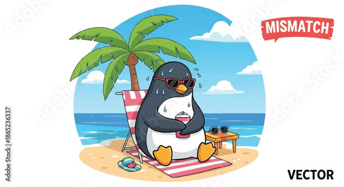 Sweatig Penguin Sitting on Beach Chair Under Palm Tree, Global Warming and Climate Change Irony Illustration