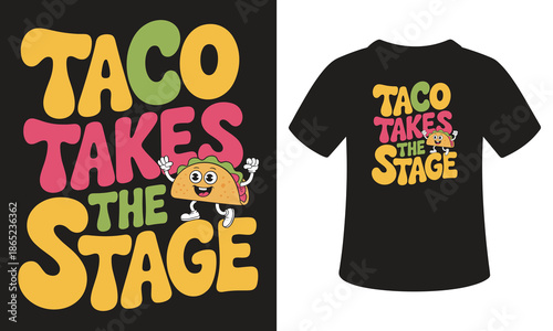 Vibrant taco t-shirt design with cartoon character takes center stage