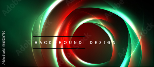 Abstract design features vibrant concentric circles. Green, red hues create dynamic visual effect. Dark background enhances luminosity.