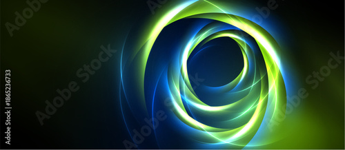 Bright swirling neon lights form abstract circular patterns against dark background. Vivid green, blue hues dominate composition.