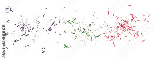 Set colorful pencil tip shavings from sharpener flying, explosion isolated on white background and texture, clipping path, transparency © dule964