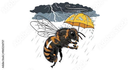 Bee Character Holding Umbrella in Stormy Weather, Concept of Protection and Resilience in Nature Illustration