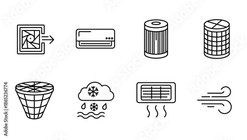 Air conditioning and ventilation system components icons in outline style