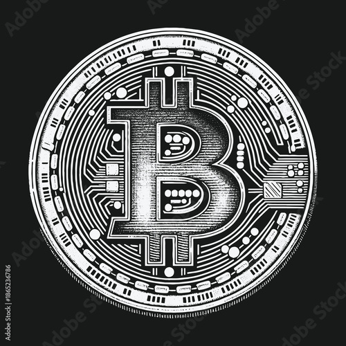 Bitcoin Cryptocurrency Digital Currency Symbol on Black Background.