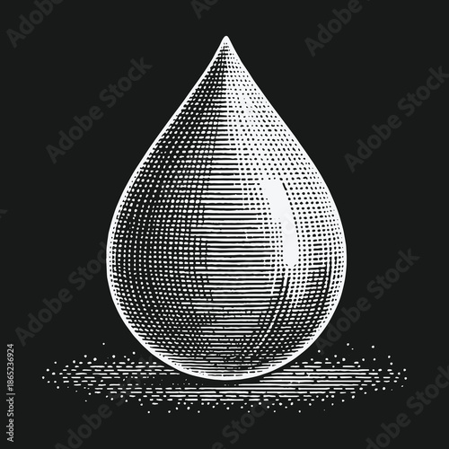 Engraved Water Drop Illustration on Black Background Detailed and Minimalist.