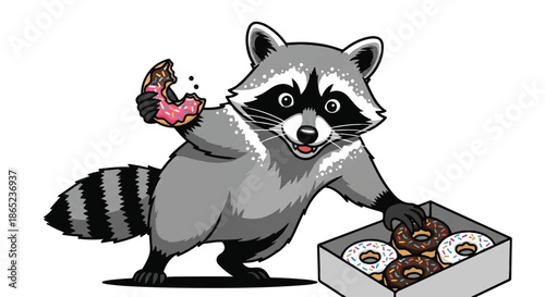 Excited Raccoon Discovering a Box of Donuts, Urban Scavenger Success and Food Thief Concept Illustration