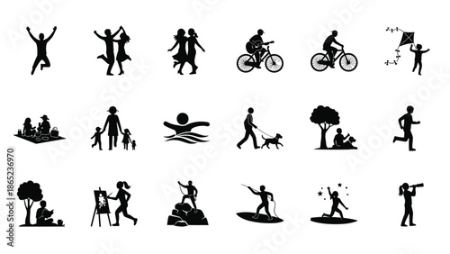 Collection of black silhouette icons depicting diverse human activities and recreational pursuits including sports hobbies and family time outdoors