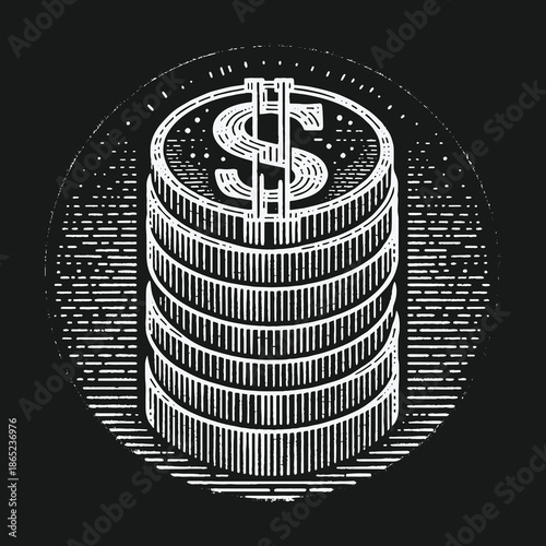 Stack of Coins with Dollar Sign Illustration on Black Background.