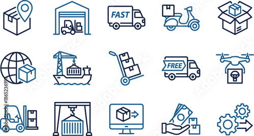 Modern delivery and logistics line icon collection featuring shipping, cargo transport, warehousing, packaging, global distribution, fast delivery, and supply chain operations in vector style