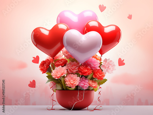 heart of flowers, Valentine's day with roses and heart shaped decorations in 3d illustration
