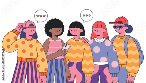 Diverse group of young friends socializing and using smartphone together