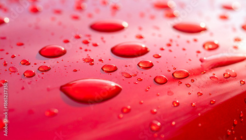 Crimson Cascade: Water droplets elegantly adorn a sleek, vibrant crimson surface, creating a captivating dance of light and reflection.