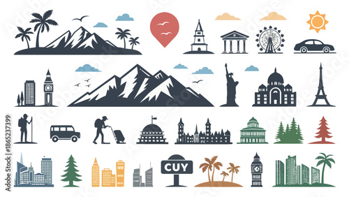 Travel icons for websites and apps with landmarks and landscapes