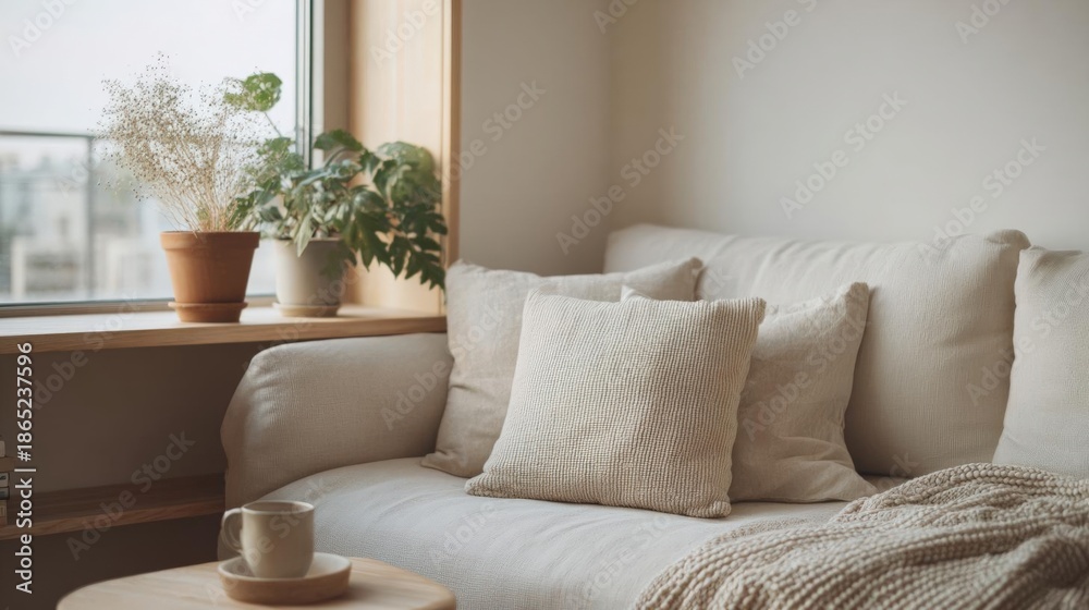 Naklejka premium Cozy living room with a beige sofa and a wooden coffee table in front of a large window. on the sofa, there are several beige throw pillows and a white blanket.