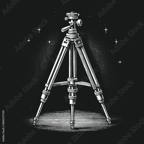 Detailed Engraving of a Vintage Tripod with Starry Night Backdrop.
