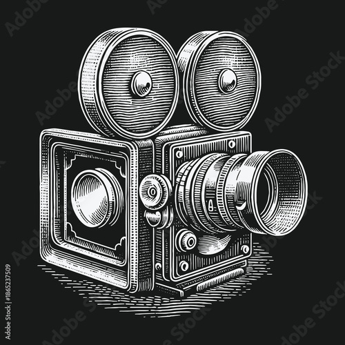 Vintage Film Camera Illustration: A Classic Cinematic Icon in Detailed Engraving.