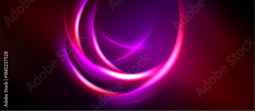 Abstract design features vibrant circular layers. Pink, purple hues blend into dark background creating dynamic visual effect. Smooth gradients dominate composition.