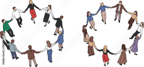 Community circles, diverse people, unity concept, group connection, inclusive design, teamwork, social bonding, vector illustration, support, togetherness