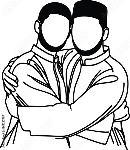Two Muslim men embracing representing friendship and community simple line art illustration for cultural and religious concepts
