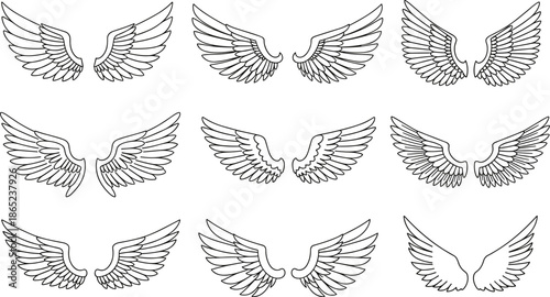 Stylized wing collection, black outline vector, symmetrical feather designs, fantasy clipart, tattoo elements, bird angel wings, graphic illustration