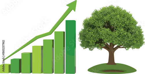 Sustainable growth concept, green bar graph, upward arrow, eco progress, leafy tree, environmental vector, nature economy, clipart
