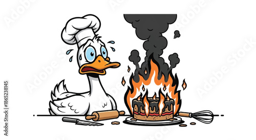Panicked Goose Chef Looking at Burnt Cake on Fire, Funny Culinary Failure and Kitchen Disaster Concept Illustration