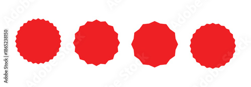 Wavy edge promo red starburst set. Zig zag edge silhouette circle design for price tag, label, sales sticker. Flat vector icon set isolated on white background.