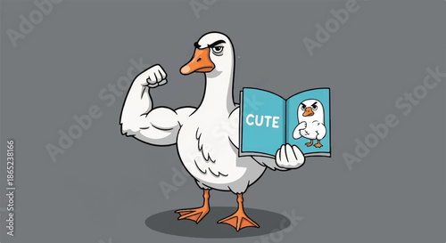 Muscular Strong Goose Flexing Biceps while Reading Cute Magazine, Concept of Strength and Personality Contrast Illustration