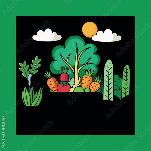 Basket filled with freshly picked seasonal vegetables in the garden with gardening tools