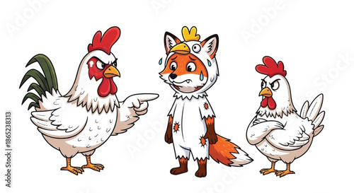 Funny Fox Character Disguised as Chicken Being Scolded by Angry Rooster, Imposter and Identity Concept Illustration