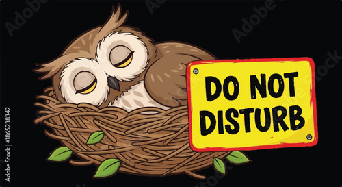 Sleeping Owl in Nest with Do Not Disturb Sign, Concept of Privacy and Deep Restful Sleep Illustration