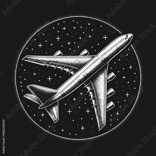 Airplane soaring through a star-filled night sky illustration.