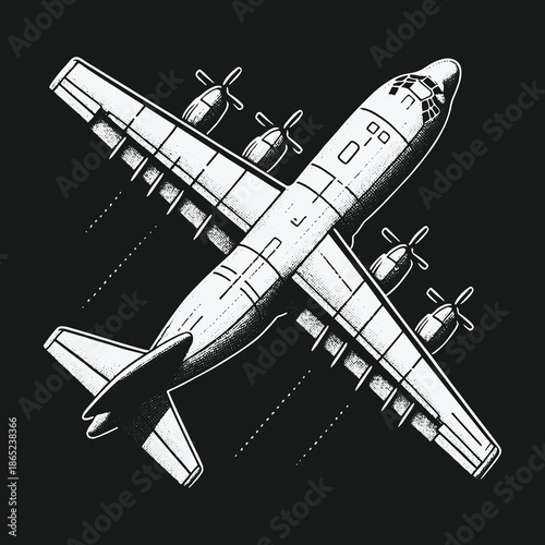 Monochrome Illustration of a Military Transport Aircraft in Flight.