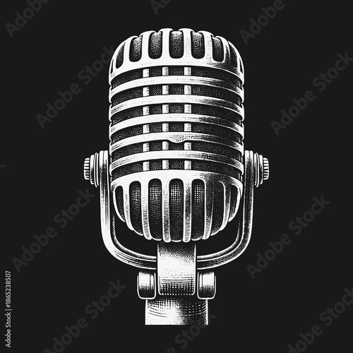 Vintage Microphone Illustration on Black Background for Audio Recording.