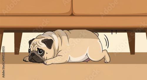 Lazy Fat Pug Dog Lying Under the Sofa, Concept of Nap Time and Domestic Pet Boredom Illustration