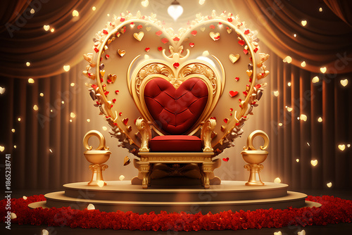 golden heart on red background,  a large throne sitting in a room with candles, 