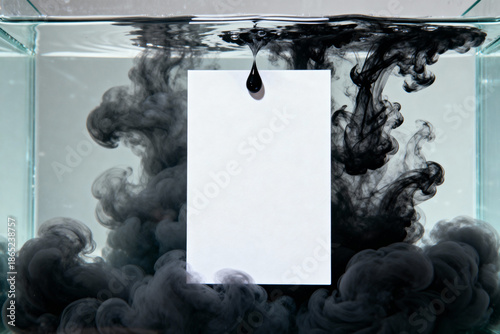 A blank white paper (mockup) is suspended in a glass tank filled with water, as a drop of black ink disperses into a smoke-like cloud around it, creating a mysterious and artistic image.