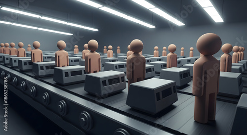 Modern illustration of automation anxiety showing identical human figures in a production line, representing dehumanization, loss of individuality, and uncertainty in automated workplaces.