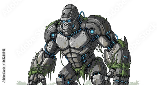 Futuristic Cyborg Gorilla Mecha Warrior with Cybernetic Armor and Mechanical Parts