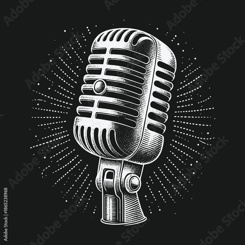Vintage Microphone Illustration with Radial Lines on Dark Background.