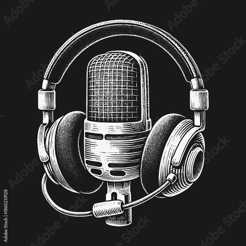 Vintage Microphone and Headphones Illustration for Podcast or Recording Studio.