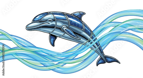 Cybernetic robotic dolphin leaping through digital blue waves, high-tech marine life illustration