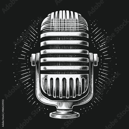 Vintage Microphone Illustration: Classic Audio Recording Device on Dark Background.