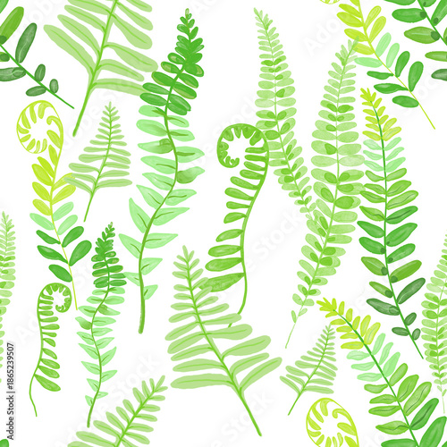 A lush and vibrant watercolor illustration featuring a variety of ferns in soft, calming shades of green. This botanical design evokes a sense of tranquility and nature, perfect for eco-friendly