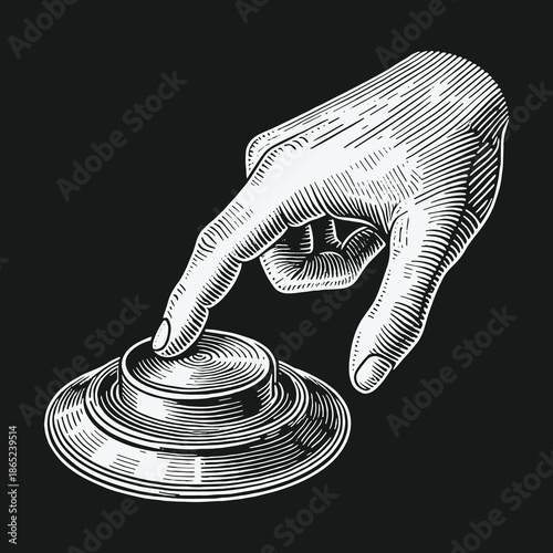Engraved Hand Pressing Button: Vintage Style Action Illustration.